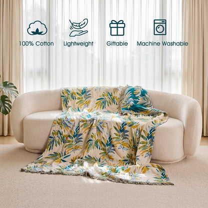 Boho Throw Blanket - 100% Cotton Soft Summer Throw Blanket for Bed, 50"x60" Reversible Breathable Lightweight Blankets, All Seasons Farmhouse Decor Floral Plant Butterfly Throw Quilt