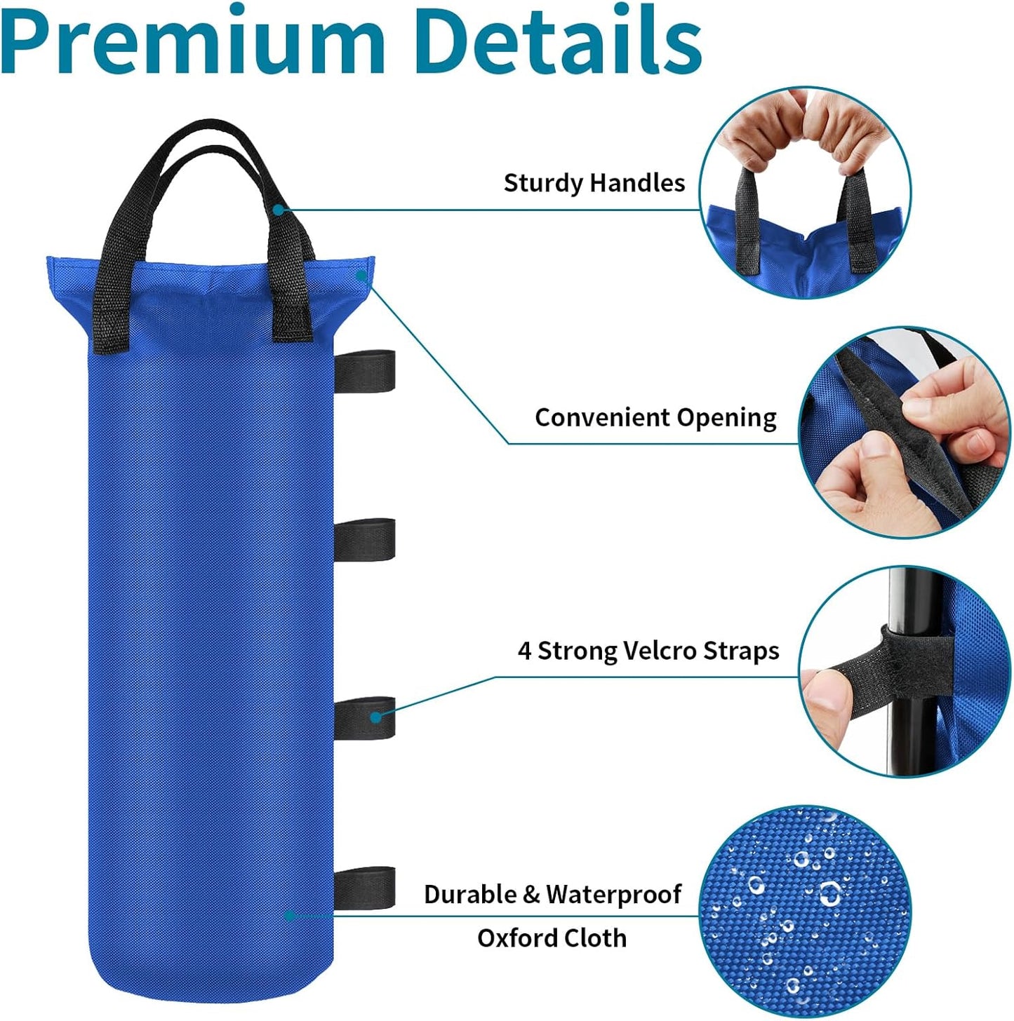 4 Sand Bags for Weight, Heavy Duty Sandbags for Canopy Legs, Extra Large Pop Up Tent Weights, Canopy Weight Bags for Gazebo, Outdoor Sun Shelter, Umbrella - Black, 6"×20", Without Sand