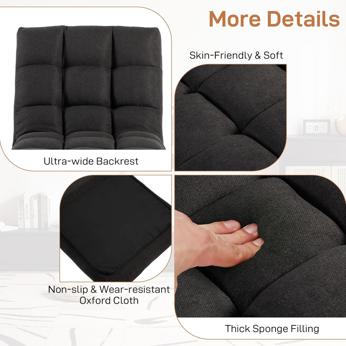Floor Chair with Back Support Folding Chair with 6 Adjustable Position, Padded Sleeper Bed, Floor Gaming Chair, Meditation Chair for Adults