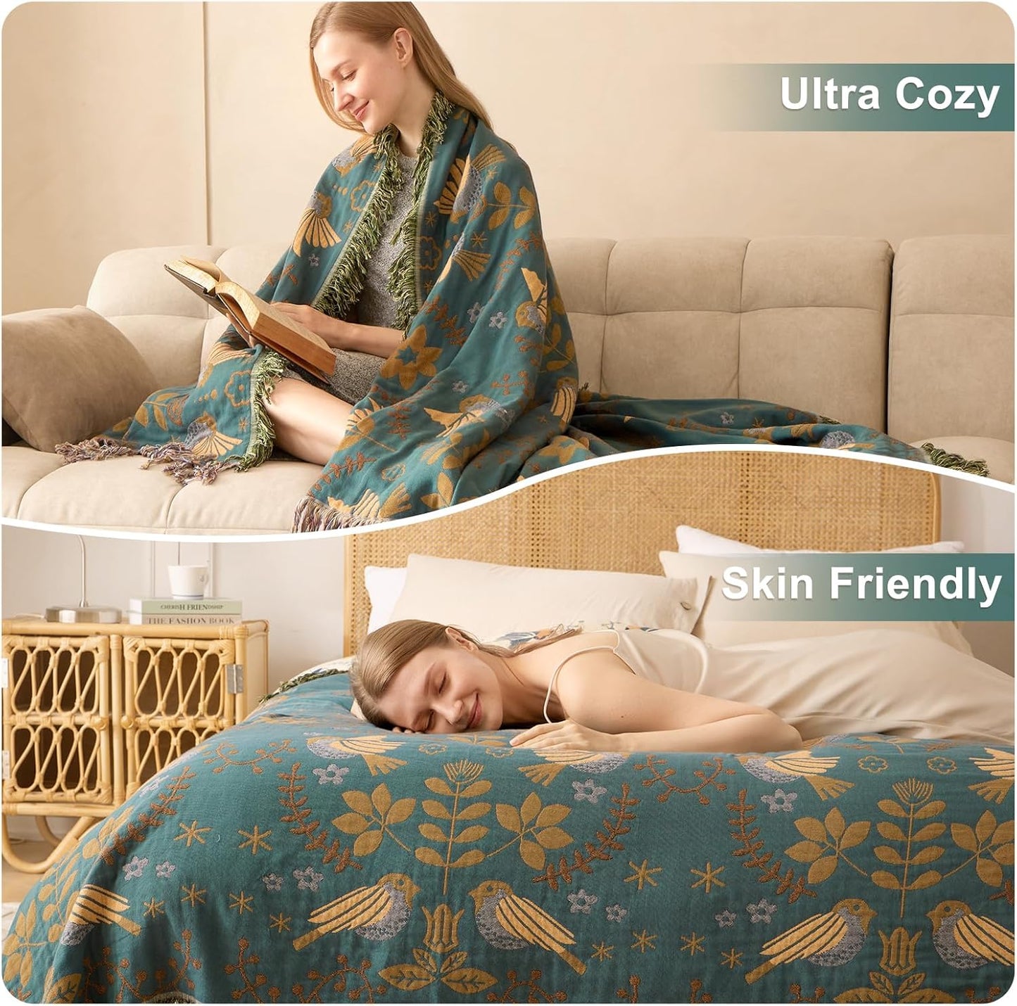 Boho Throw Blanket - 100% Cotton Soft Summer Throw Blanket for Bed, 50"x60" Reversible Breathable Lightweight Blankets, All Seasons Farmhouse Decor Floral Plant Butterfly Throw Quilt