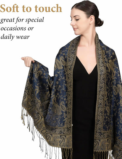 Achillea Reversible Paisley Pashmina Rave Scarf – Exotic Indian Shawls and Wraps for Evening Dresses, Festivals, All Seasons - Colors B