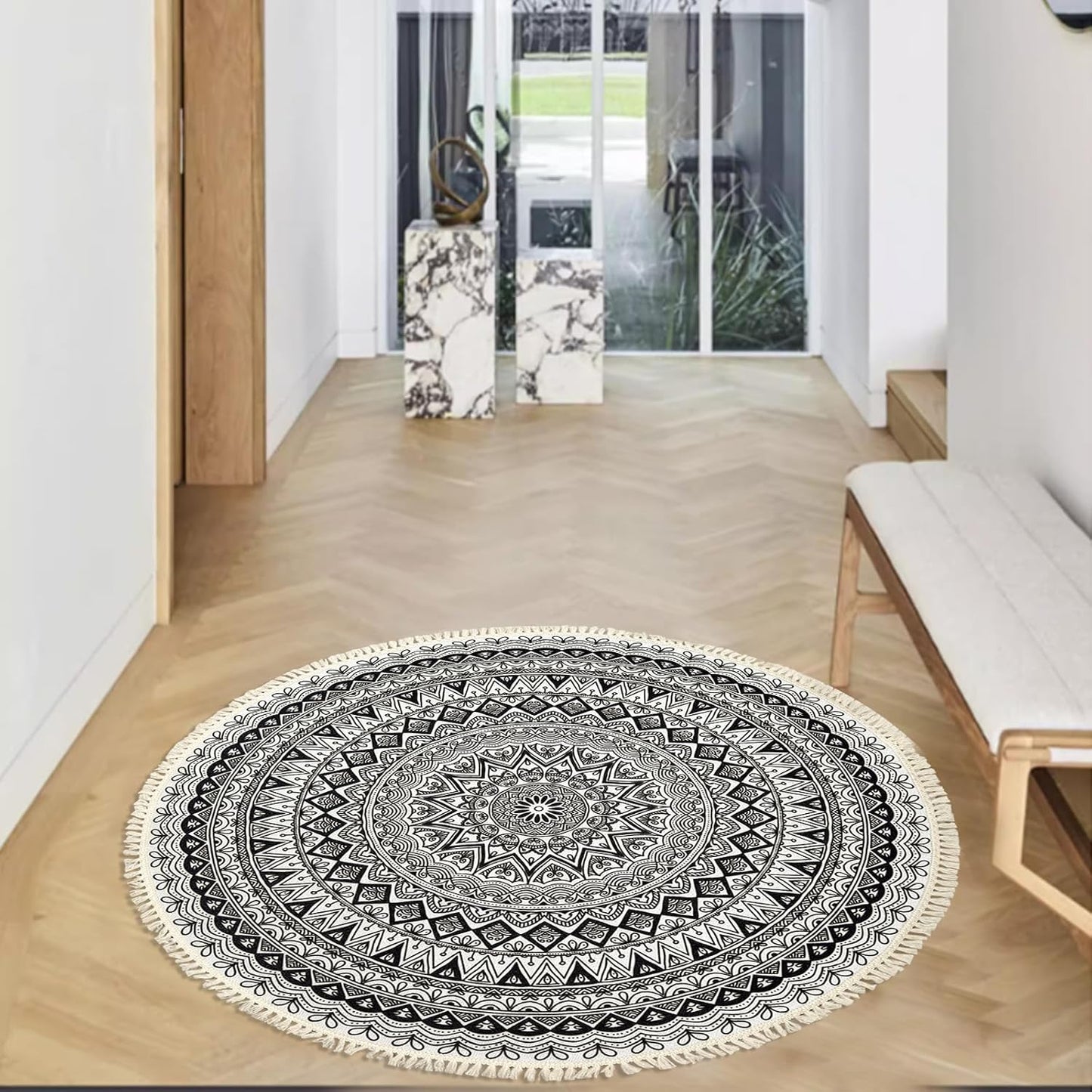 Boho Rug 5Ft Round Bedroom Carpet Circle Nonslip Farmhouse Area Rug Rustic Mandala Floor Mat for Living Room Locker Room Tassel Yoga Throw Rugs Washable Doormat, Purple