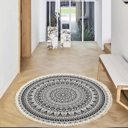 Boho Rug 5Ft Round Bedroom Carpet Circle Nonslip Farmhouse Area Rug Rustic Mandala Floor Mat for Living Room Locker Room Tassel Yoga Throw Rugs Washable Doormat, Purple