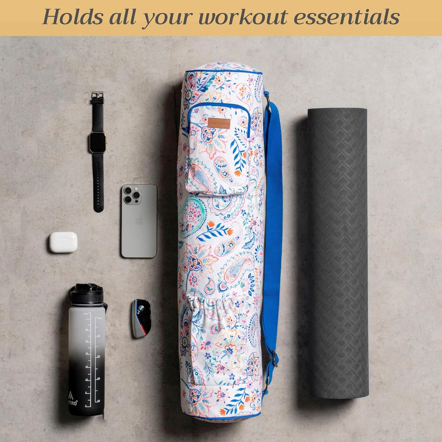 Maison d' Hermine Yoga Mat bag, Cylindrical bag for Woman&Men, yoga mat Bag &Adjustable shoulder straps Yoga Mat Carrier Bag with Drawstring Water Bottle Pocket and zipper pocket Easter Gifts