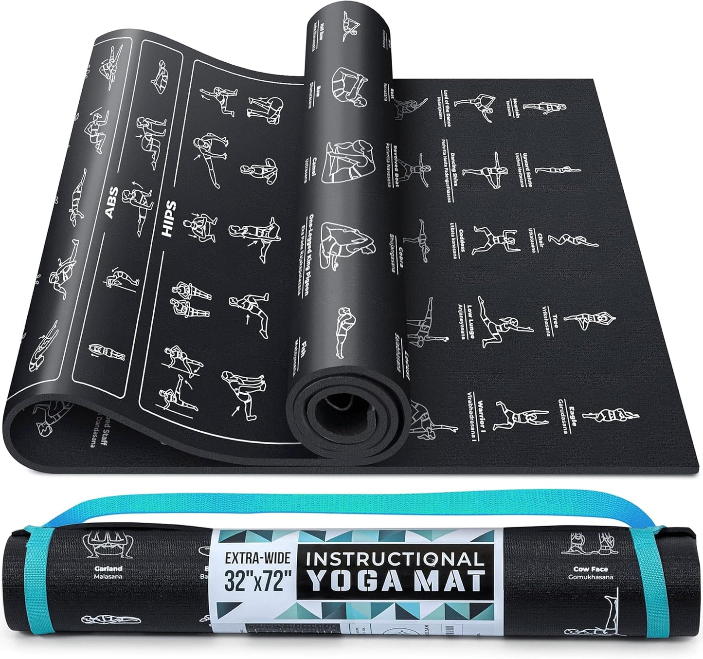 Instructional Yoga Mat with Carrying Strap: Cute Yoga Mat with 75 Illustrated Yoga Poses + 75 Easily-Followed Stretching Exercises - 1/4” Thick, Non-Toxic, Non-Slip Yoga Mats for Women and Men