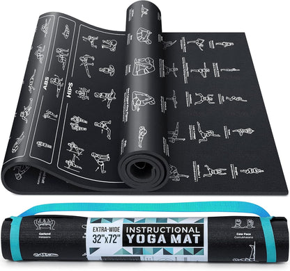 Instructional Yoga Mat with Carrying Strap: Cute Yoga Mat with 75 Illustrated Yoga Poses + 75 Easily-Followed Stretching Exercises - 1/4” Thick, Non-Toxic, Non-Slip Yoga Mats for Women and Men