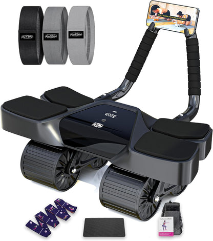 Ab Roller Home Gym Equipment – 4 Wheels Ab Wheel Muscle Roller with Automatic Rebound, Yoga Stretching Strap, 3 Resistance Bands – Comfortable Elbow Support with Non-Slip Handles – Built-in Workout Tracker