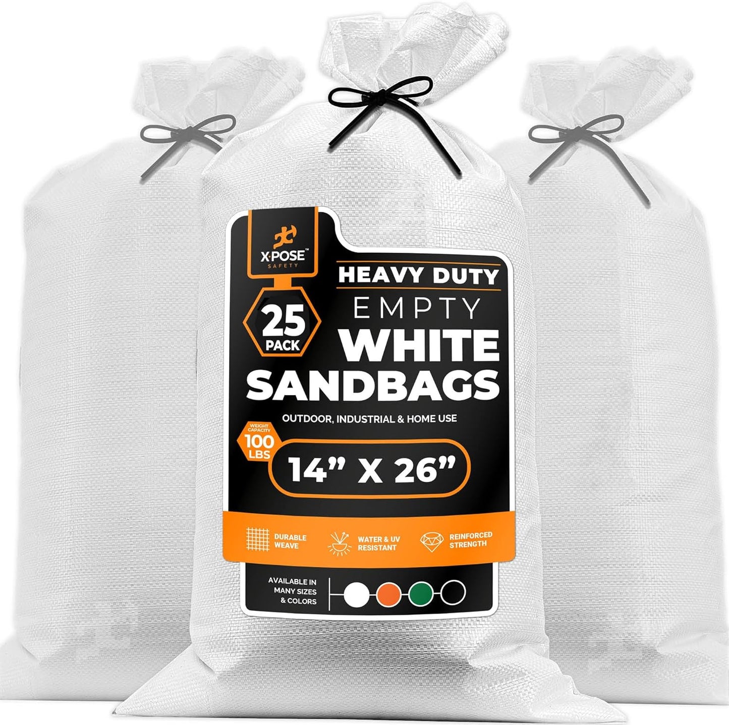 Xpose Safety Heavy Duty Sand Bags with Tie Strings – Empty Woven Polypropylene Sandbags for Hurricane Flood Protection, 100 lb Capacity, 14" x 26", Black, Pack of 10