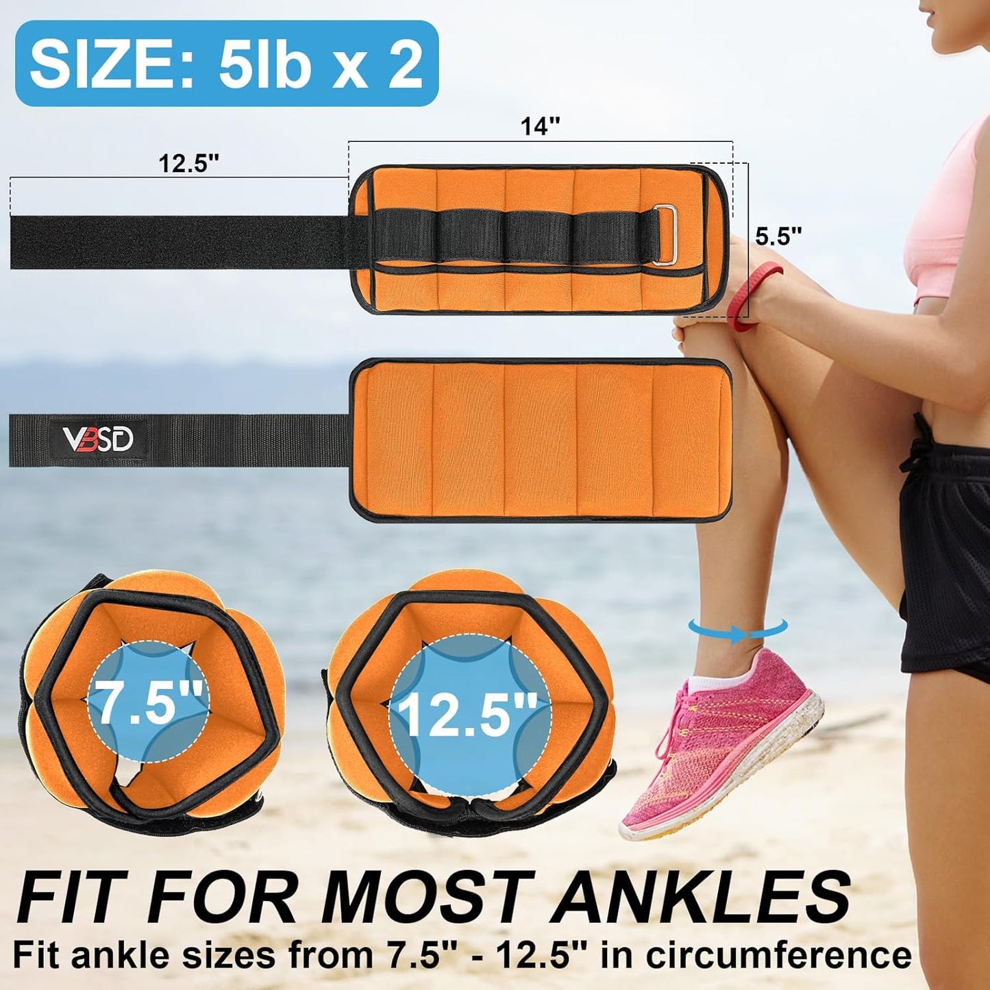 VBSD Adjustable Ankle Weights for Men Women, 2 4 6 8 10 lbs 1 Pair Leg Weight Straps, Weighted Ankle Weight Set with Removable Sandbags for Walking Running Yoga Physical Therapy Gym Home Workout