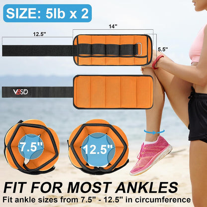 VBSD Adjustable Ankle Weights for Men Women, 2 4 6 8 10 lbs 1 Pair Leg Weight Straps, Weighted Ankle Weight Set with Removable Sandbags for Walking Running Yoga Physical Therapy Gym Home Workout