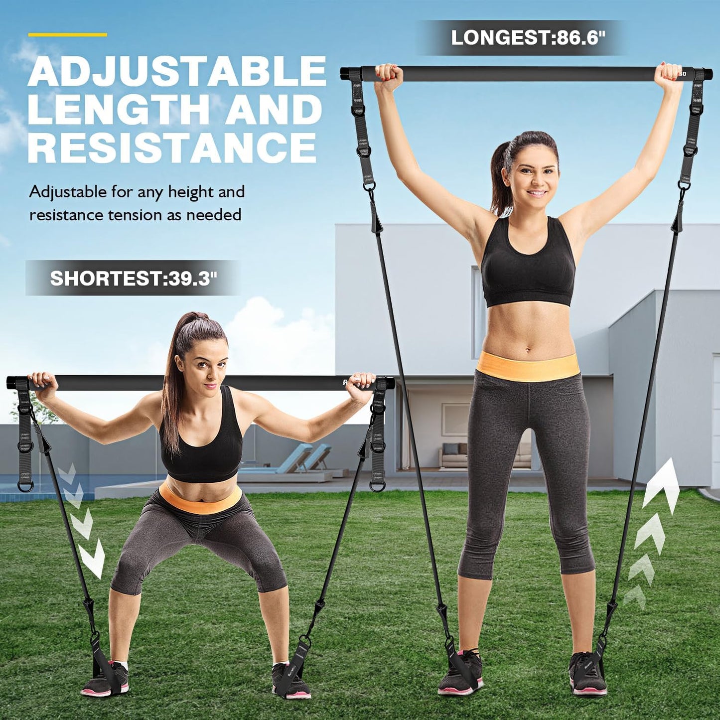 Ayombo Pilates Bar Kit with Resistance Bands, Pilates Workout Equipment for Legs, Hip, Waist, Arm, Squats Exercise Equipment for Home Workouts, Adjustable 3-Section Pilates Bar Kit for Women & Men