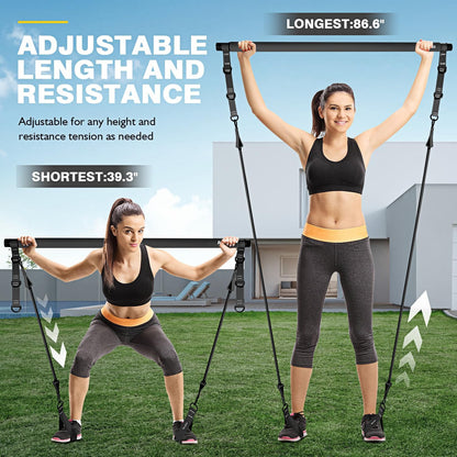 Ayombo Pilates Bar Kit with Resistance Bands, Pilates Workout Equipment for Legs, Hip, Waist, Arm, Squats Exercise Equipment for Home Workouts, Adjustable 3-Section Pilates Bar Kit for Women & Men