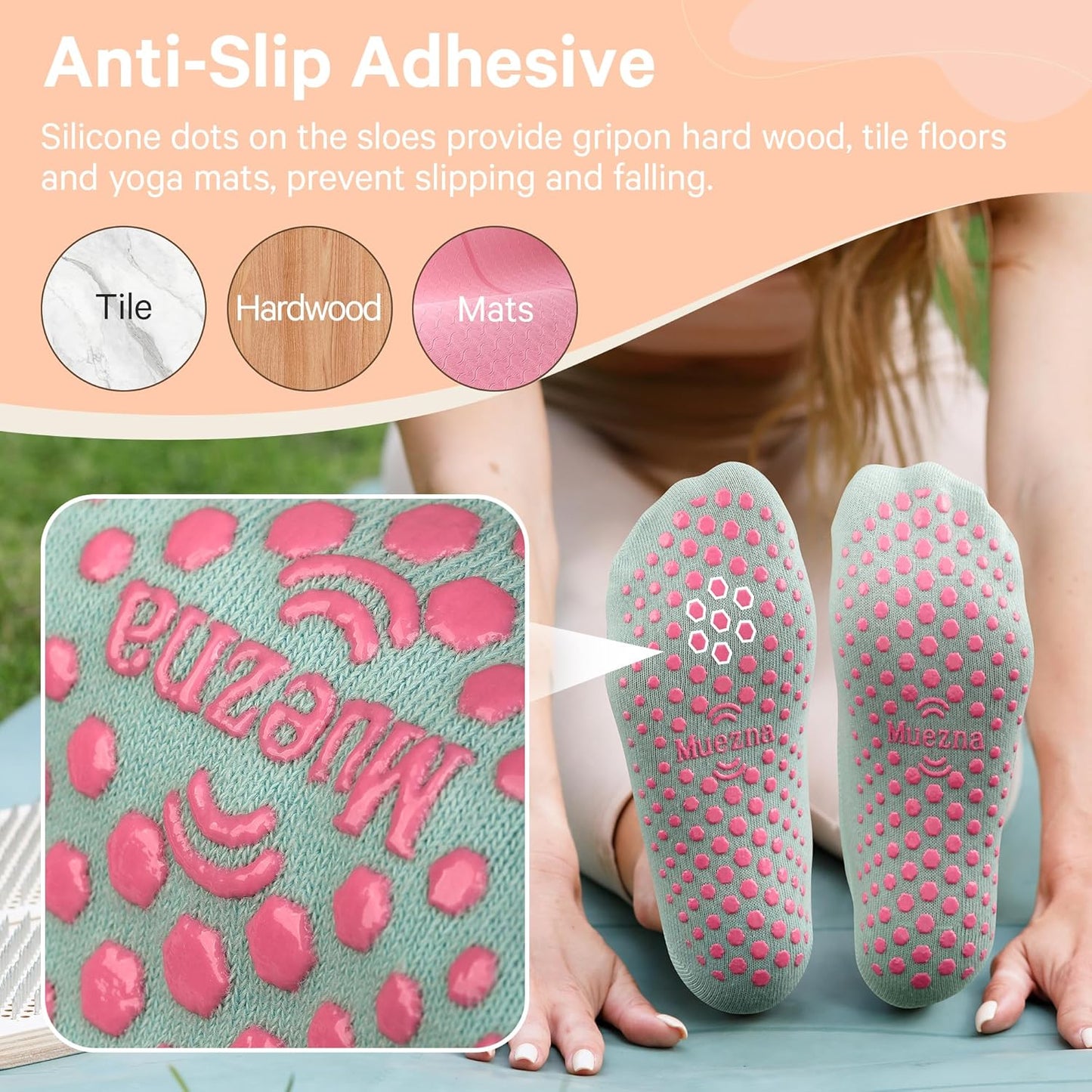 Muezna 6 Pairs Pilates Grip Socks for Women, Non Slip Yoga Socks with Grips, Grippy Socks for Barre, and Hospital