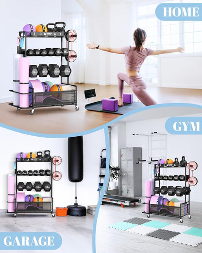 Dumbbell Rack Weight Storage Stand, Adjustable Weight Rack with Wheels, Metal Workout Equipment Storage Organizer, Home Gym Storage Organizer for Dumbbells, Kettlebells, Yoga Mat, Foam Roller
