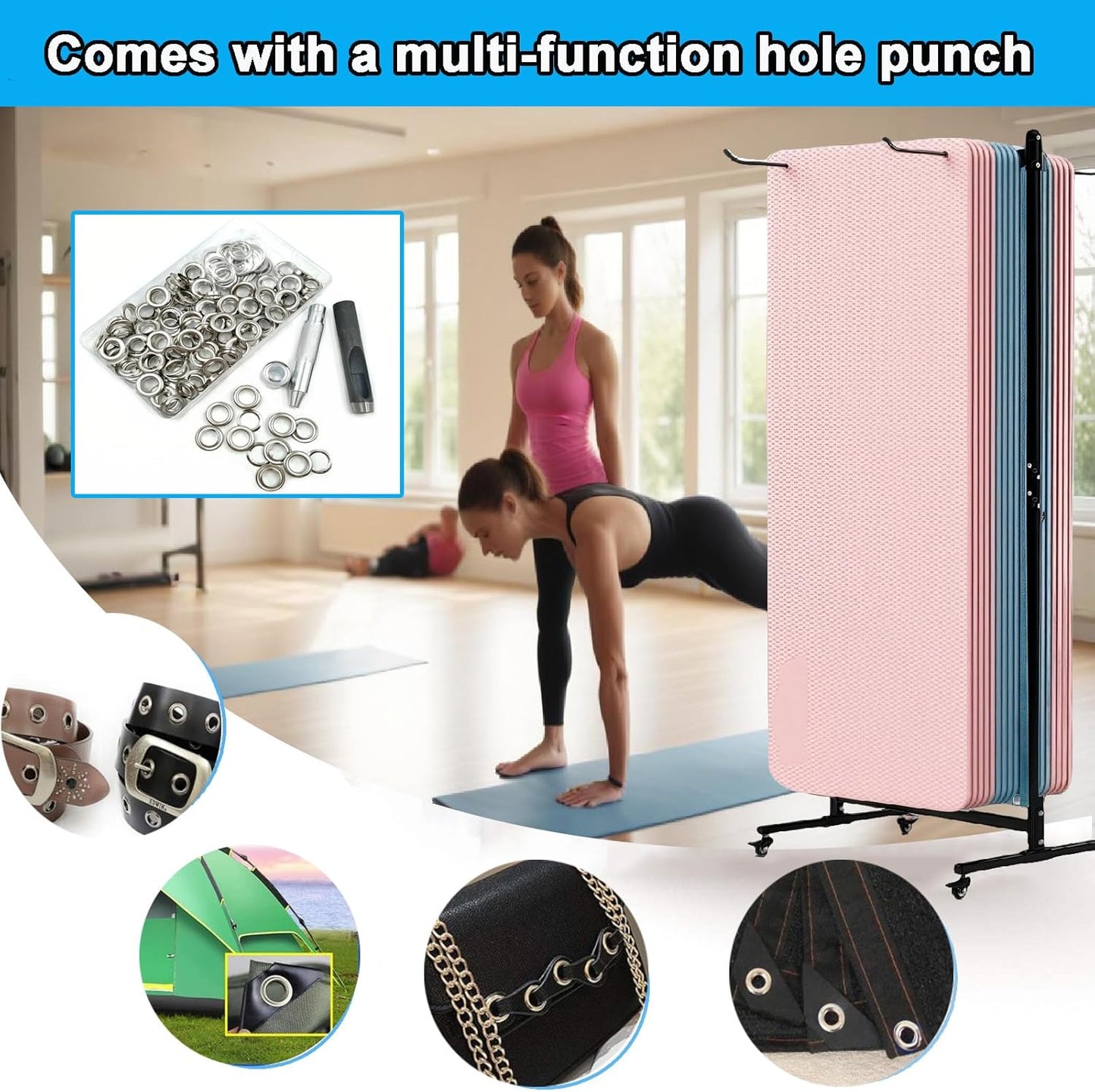 Yoga Mat Holder Hanging, Floor Rolling Yoga Mat cart, Large Capacity Storage Rack, with Includes hole punch, Metal square tube storage shelf for Home Gym, Fitness Club,Yoga Studio (Black)