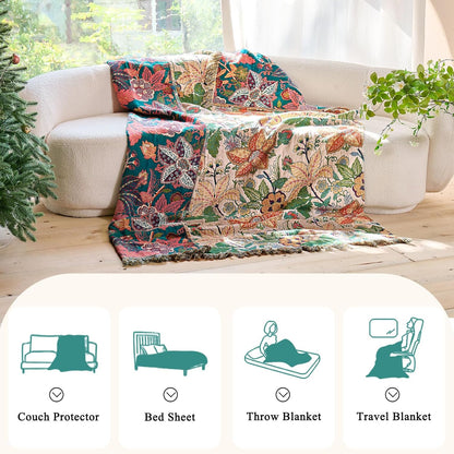 Boho Throw Blanket - 100% Cotton Soft Summer Throw Blanket for Bed, 50"x60" Reversible Breathable Lightweight Blankets, All Seasons Farmhouse Decor Floral Plant Butterfly Throw Quilt
