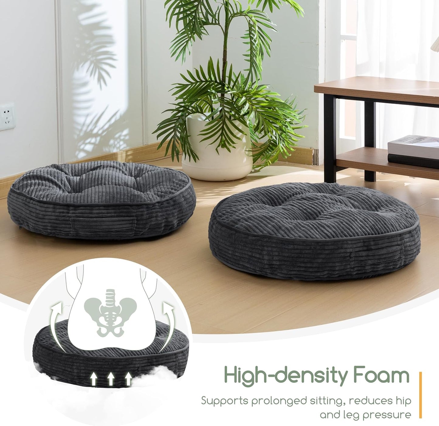 HIGOGOGO Floor Pillow Cushion for Adults, Meditation Cushion Pillow, Large Square Floor Sitting, Tufted Corduroy Cover, for Tatami Living Room or Yoga, 22x22 Inch, Dark Grey