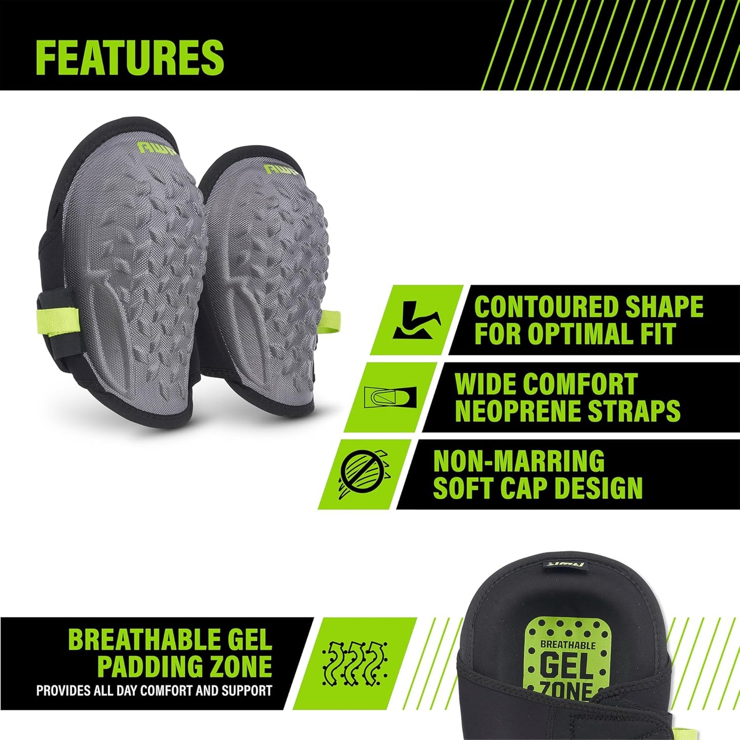 AWP Gel Stabilizer Non-Skid Knee Pads with Dual Layer Padding and Shock Stabilizer Caps for Flooring, Roofing, Decking for All-Day Support & Stability, Men and Women, One Size | L-22380-4