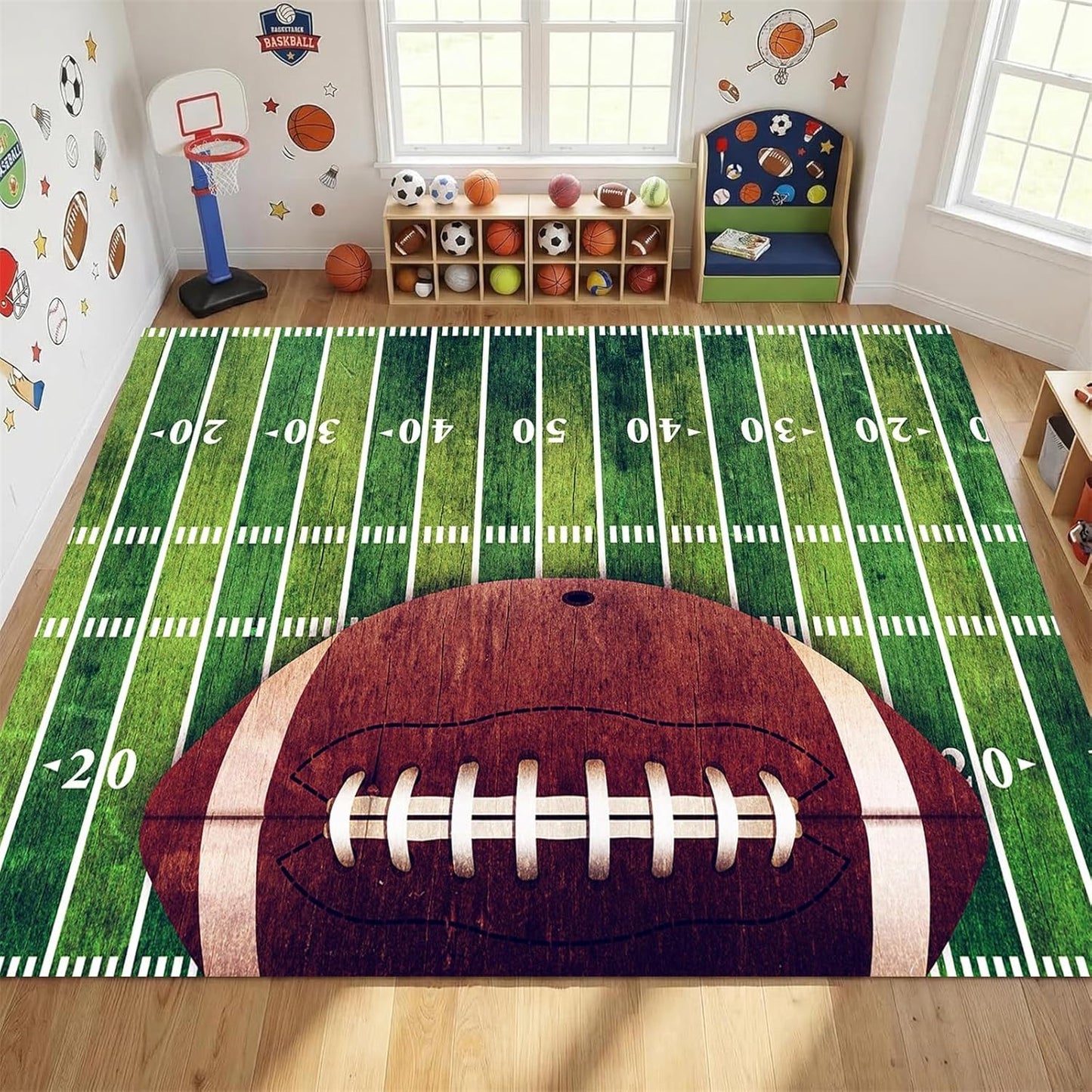 Sports Field Area Rug,5x7ft, Soccer Field Chalked Blackboard Football Stadium Board Painted Non-Slip Soft Carpet Floor Mat Indoor Living Room Bedroom Rugs Yoga Mat Home Decor