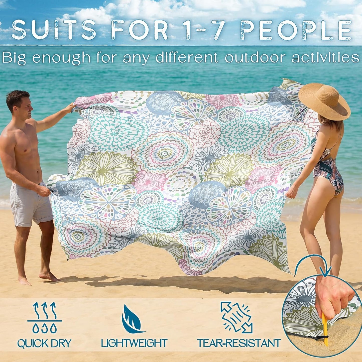 BYDOLL Beach Blanket Waterproof Sandproof Large Sand Free,78''X81''/10'X9' Oversized Sandless Lightweight Blanket Picnic Mat for Beach Travel Camping Hiking with Stakes