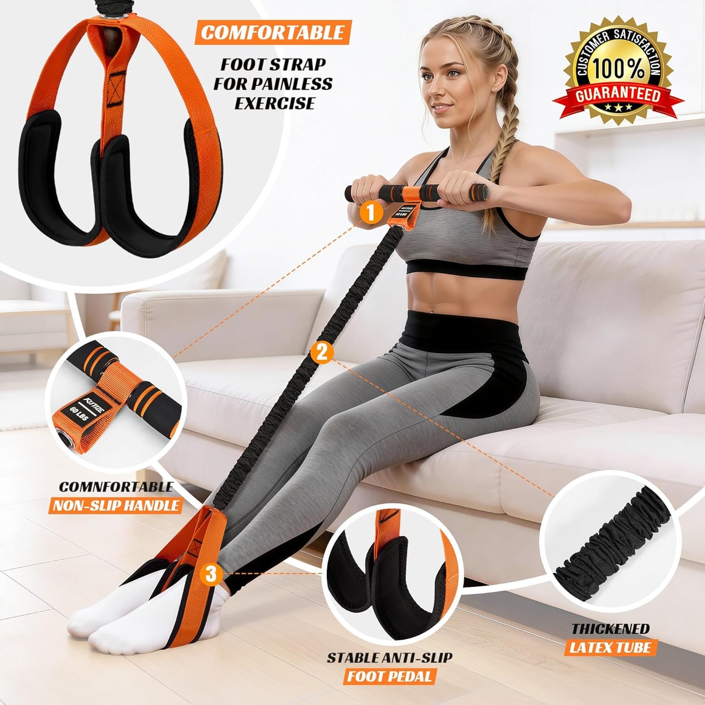 KUTIZE Multifunction Pedal Resistance Band with Handle, Upgraded Exercise Equipment with Soft Foot Pedal for Sit Up & Full-Body Home Gym Workouts, Core/ABS Training, Pilates, Yoga & Physical Therapy