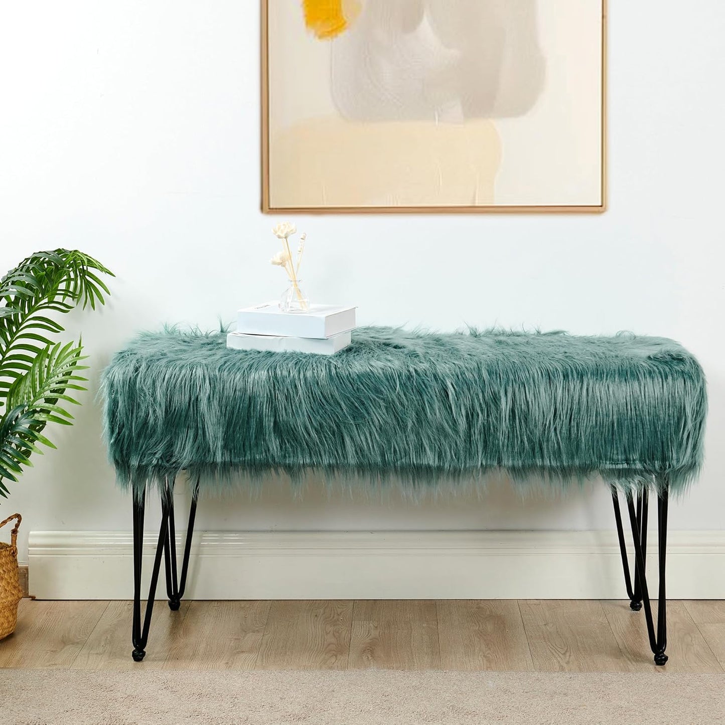 Home Soft Things Green Mongolian Faux Fur Ottoman, Desert Sage, 19'' x 13'' x 17'', Cozy Plush Fluffy Ottoman Foot Rest Stool for Living Room Bedroom Entryway Makeup Bench End of Bed Home Décor