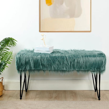 Home Soft Things Green Mongolian Faux Fur Ottoman, Desert Sage, 19'' x 13'' x 17'', Cozy Plush Fluffy Ottoman Foot Rest Stool for Living Room Bedroom Entryway Makeup Bench End of Bed Home Décor