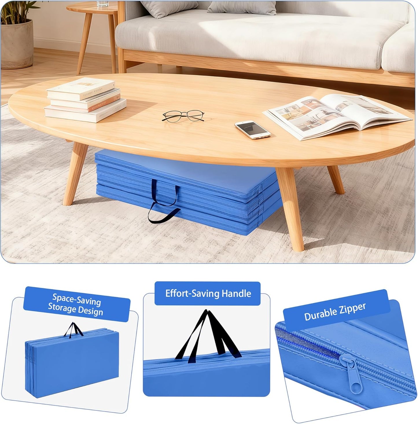 Outdoor Basic 6'x3'x2'' Gymnastics Mats Portable 4-Fold Tumbling Mat Thick Yoga Mat with PU Leather & Carry Handle for Home Workout, Yoga, MMA Core Training, Pilates