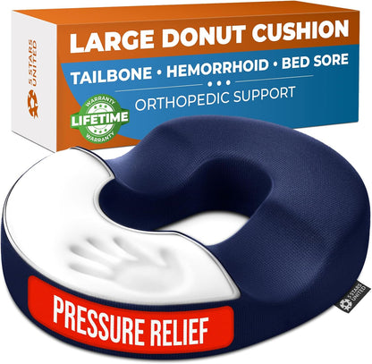 5 STARS UNITED Donut Pillow Hemorrhoid Tailbone Cushion – Large Floor Cushion for Pain Relief – Coccyx, Prostate, Sciatica, Pelvic Floor, Pressure Sores, Pregnancy, Postpartum Recovery, Black