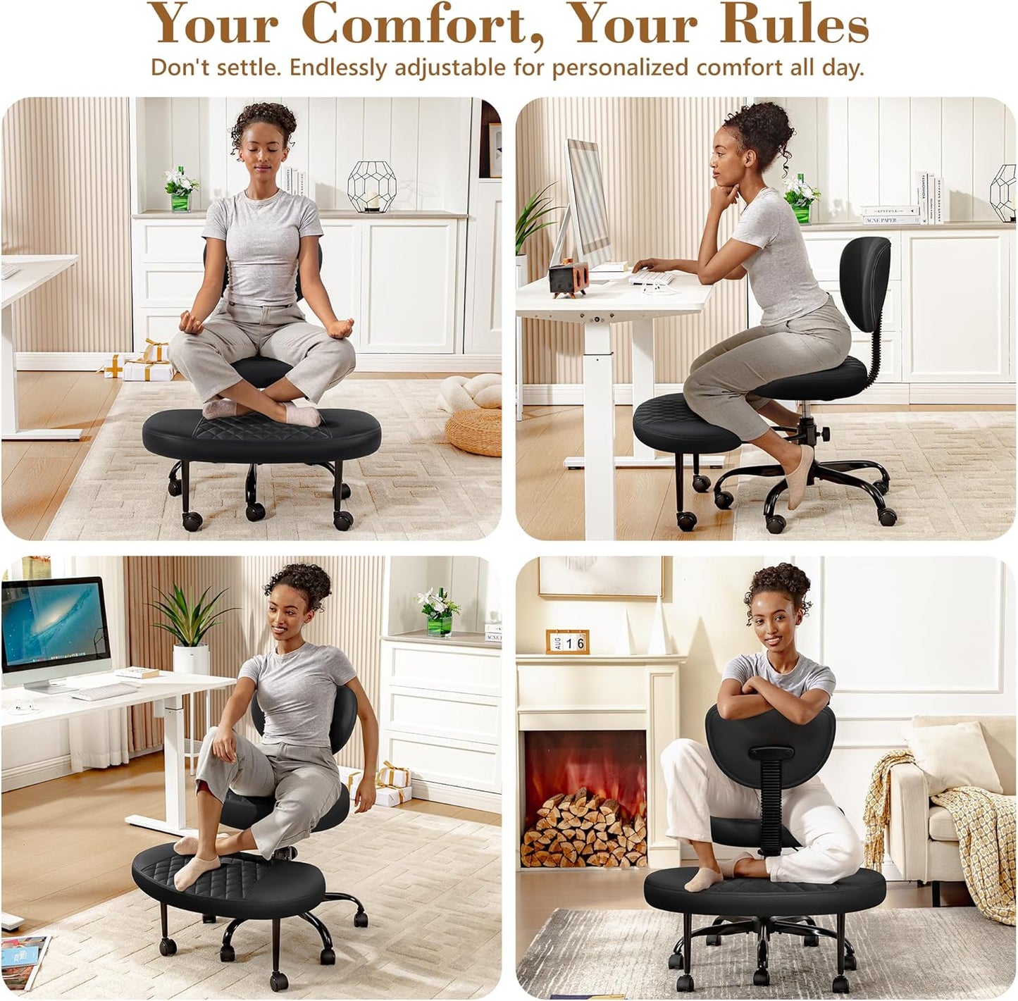 AtHope Ergonomic Cross Legged Office Chair with Wheels - Adjustable Height for Meditation, ADHD Desk & Yoga - Wide Criss Cross Design with Lumbar Support, Kneeling Chair - Black