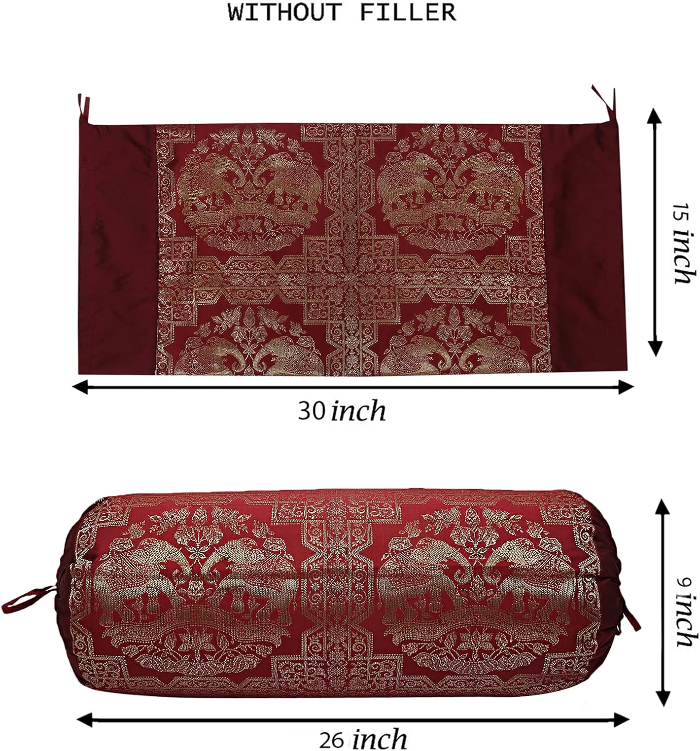 Ethnic Jacquard Brocade Silk Rectangular Bolster Yoga Pillow Cylindrical Hotdog Burgundy Maroon Tubular Living Room Decorative Elephant Indian Throw Pillowcase 76x38 cm - Set of 2 Pcs