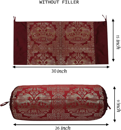 Ethnic Jacquard Brocade Silk Rectangular Bolster Yoga Pillow Cylindrical Hotdog Burgundy Maroon Tubular Living Room Decorative Elephant Indian Throw Pillowcase 76x38 cm - Set of 2 Pcs