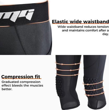 COOLOMG Basketball Leggings with Knee Pads for Kids Youth 3/4 Compression Pants Capri Tights Side Pockets