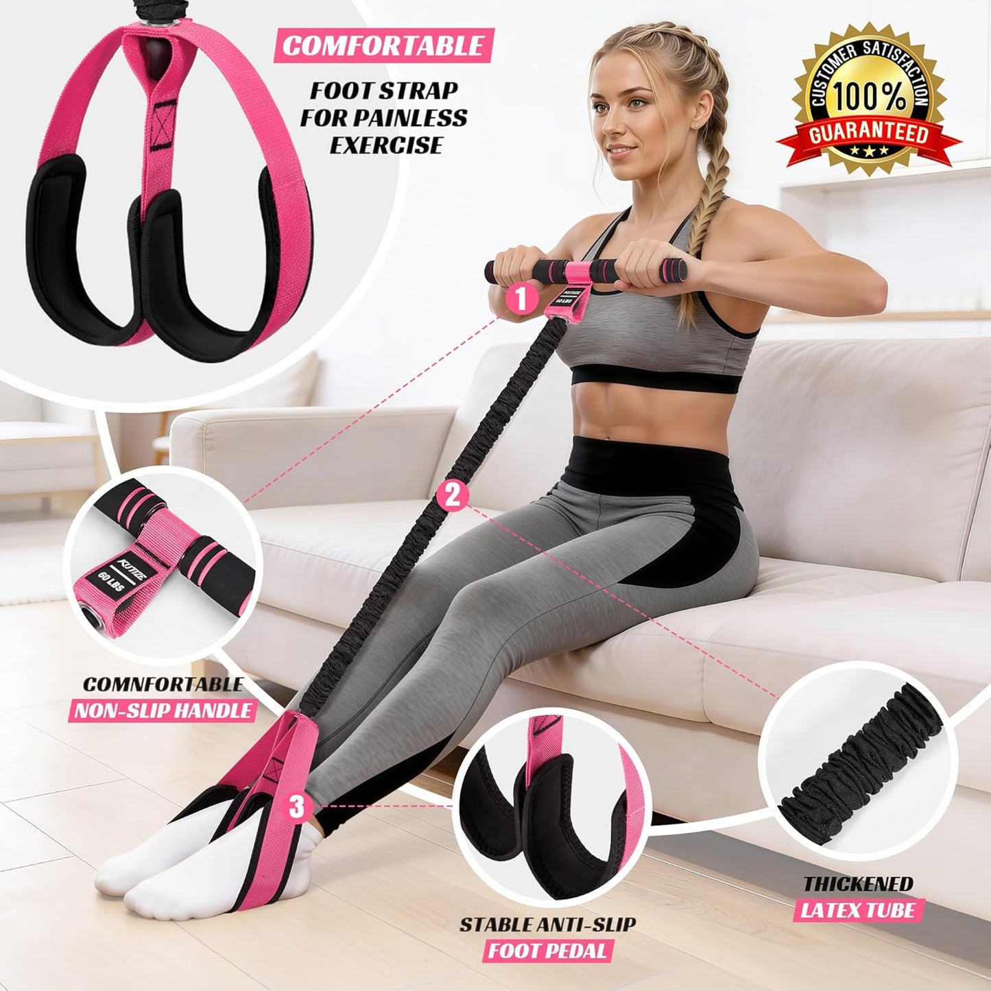 KUTIZE Multifunction Pedal Resistance Band with Handle, Upgraded Exercise Equipment with Soft Foot Pedal for Sit Up & Full-Body Home Gym Workouts, Core/ABS Training, Pilates, Yoga & Physical Therapy