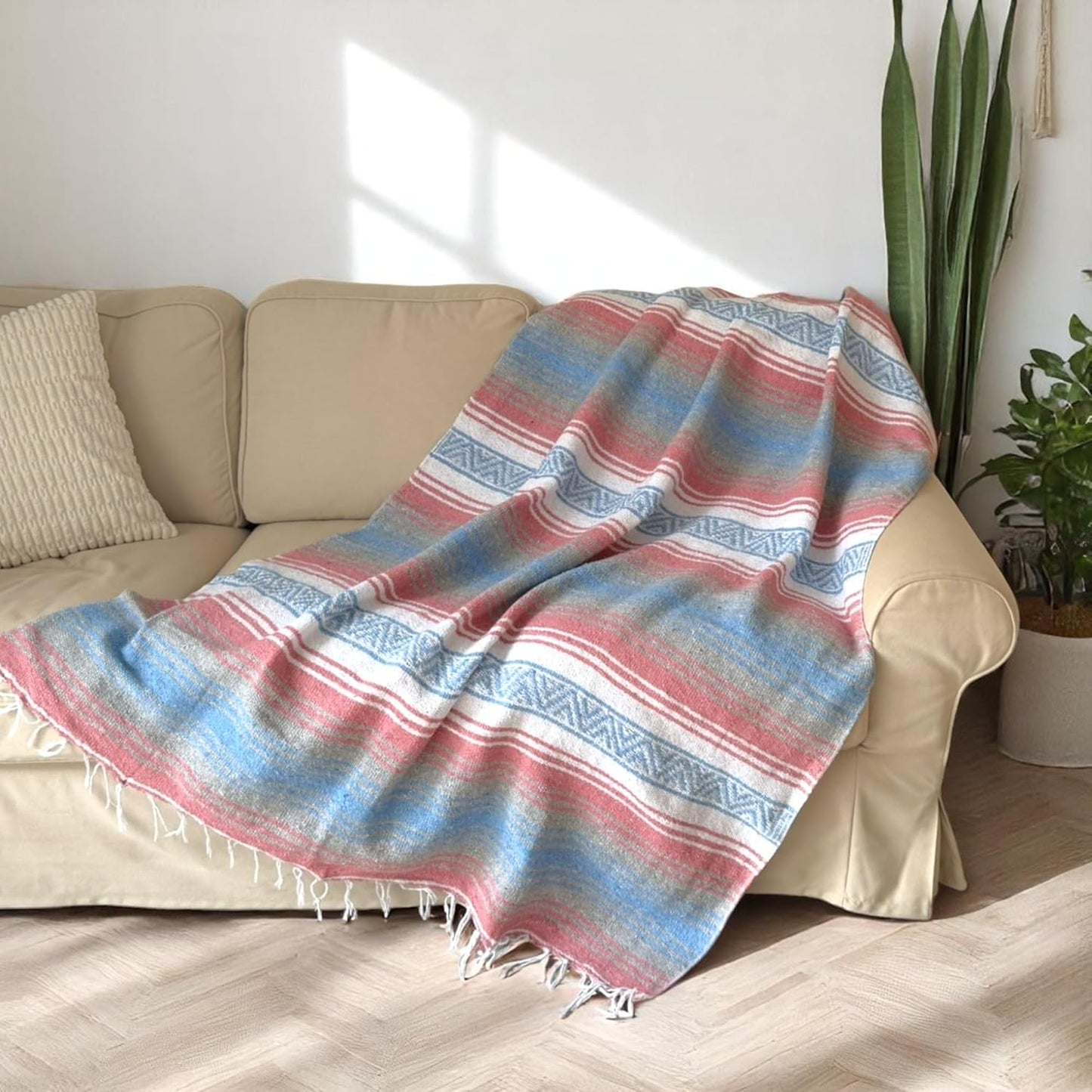 Authentic Handwoven Mexican Blanket, Falsa Serape - Soft & Durable - Vibrant Beach, Picnic, Yoga & Camping Mat - Traditional Boho Throw - Outdoor Blanket 70"x50" (Bubblegum)