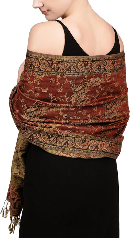 Achillea Reversible Paisley Pashmina Rave Scarf – Exotic Indian Shawls and Wraps for Evening Dresses, Festivals, All Seasons - Colors A