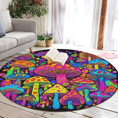Machine Washable Modern Round Area Rug, Room Sofa Yoga Soft Round Carpet, Home Decor Non Slip Kitchen Office Circle Rug Trippy Rainbow Mushroom Tie Dye Art, 60inch