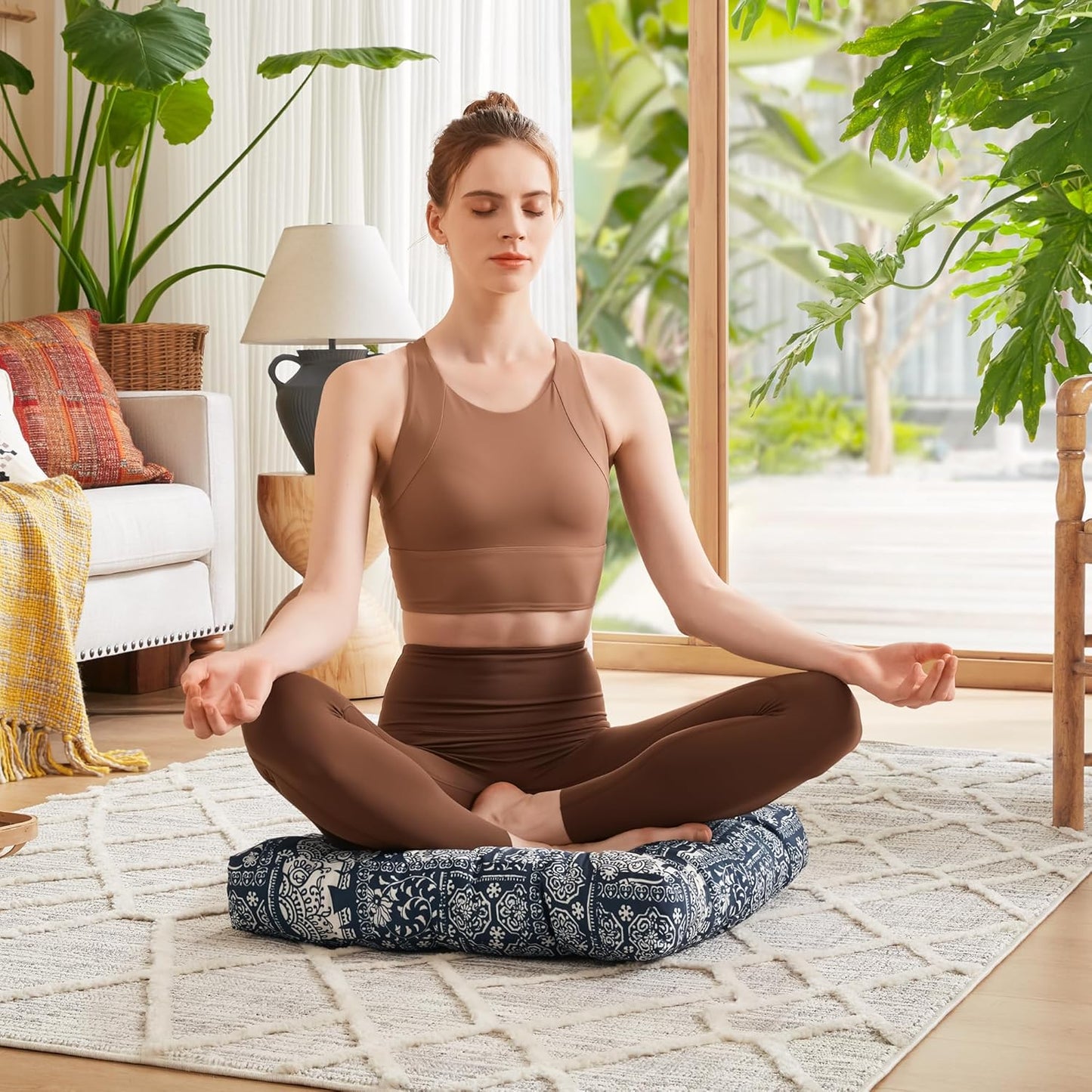 Codi Boho Floor Pillow, Large Meditation Cushion for Adults, Square Pillows Seating for Yoga Living Room Tatami Sitting Home Decor, Memory Foam Added, 22x22 Inch, Multi Patchwork