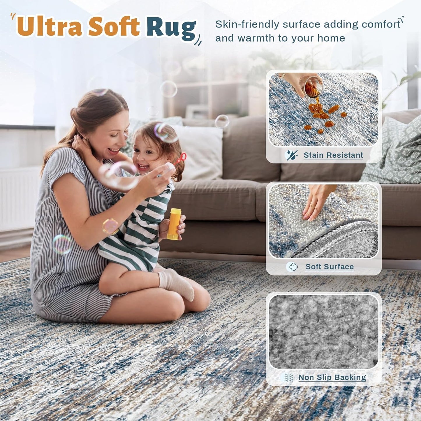 XLUEZ 8x10 Area Rugs for Living Room, Washable Modern Abstract Large Area Rug Neutral Soft Non Slip Kids Rug Stain Resistant Indoor Carpet for Bedroom Nursery Dining Children's Room(Blue, 8'x10')