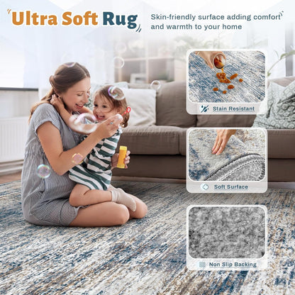 XLUEZ 8x10 Area Rugs for Living Room, Washable Modern Abstract Large Area Rug Neutral Soft Non Slip Kids Rug Stain Resistant Indoor Carpet for Bedroom Nursery Dining Children's Room(Blue, 8'x10')