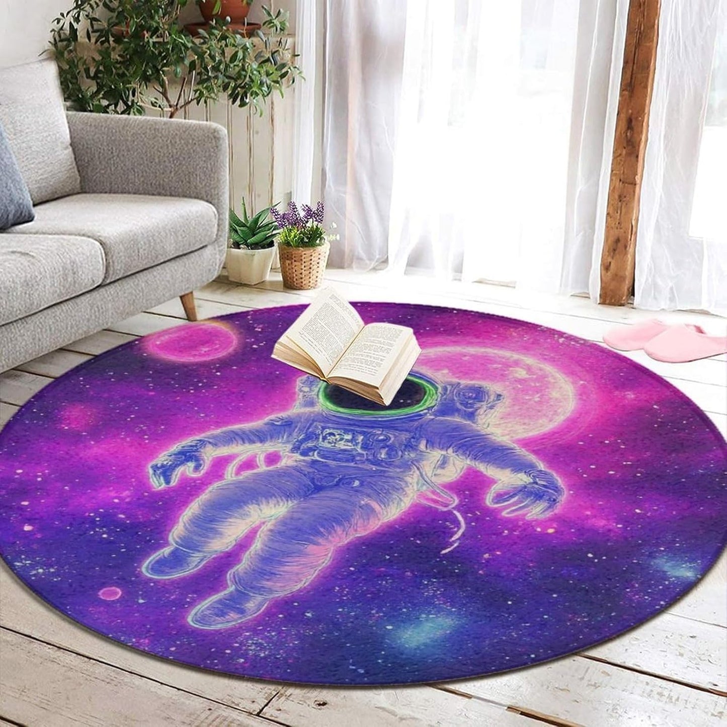 Home Decor Non Slip Kitchen Office Circle Rug, Machine Washable Modern Round Area Rug, Room Sofa Yoga Soft Round Carpet Purple Galaxy Trippy Space Astronaut Art, 36inch