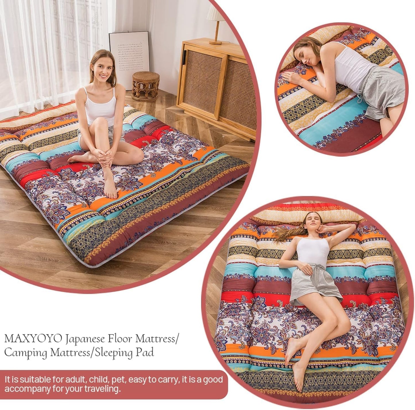 MAXYOYO Bohemian Retro Mattress Boho Floral Japanese Futon Mattress Tatami Floor Mat Foldable Portable Camping, Sleeping Pad, Lounger Couch Bed Full Size