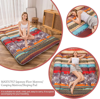 MAXYOYO Bohemian Retro Mattress Boho Floral Japanese Futon Mattress Tatami Floor Mat Foldable Portable Camping, Sleeping Pad, Lounger Couch Bed Full Size