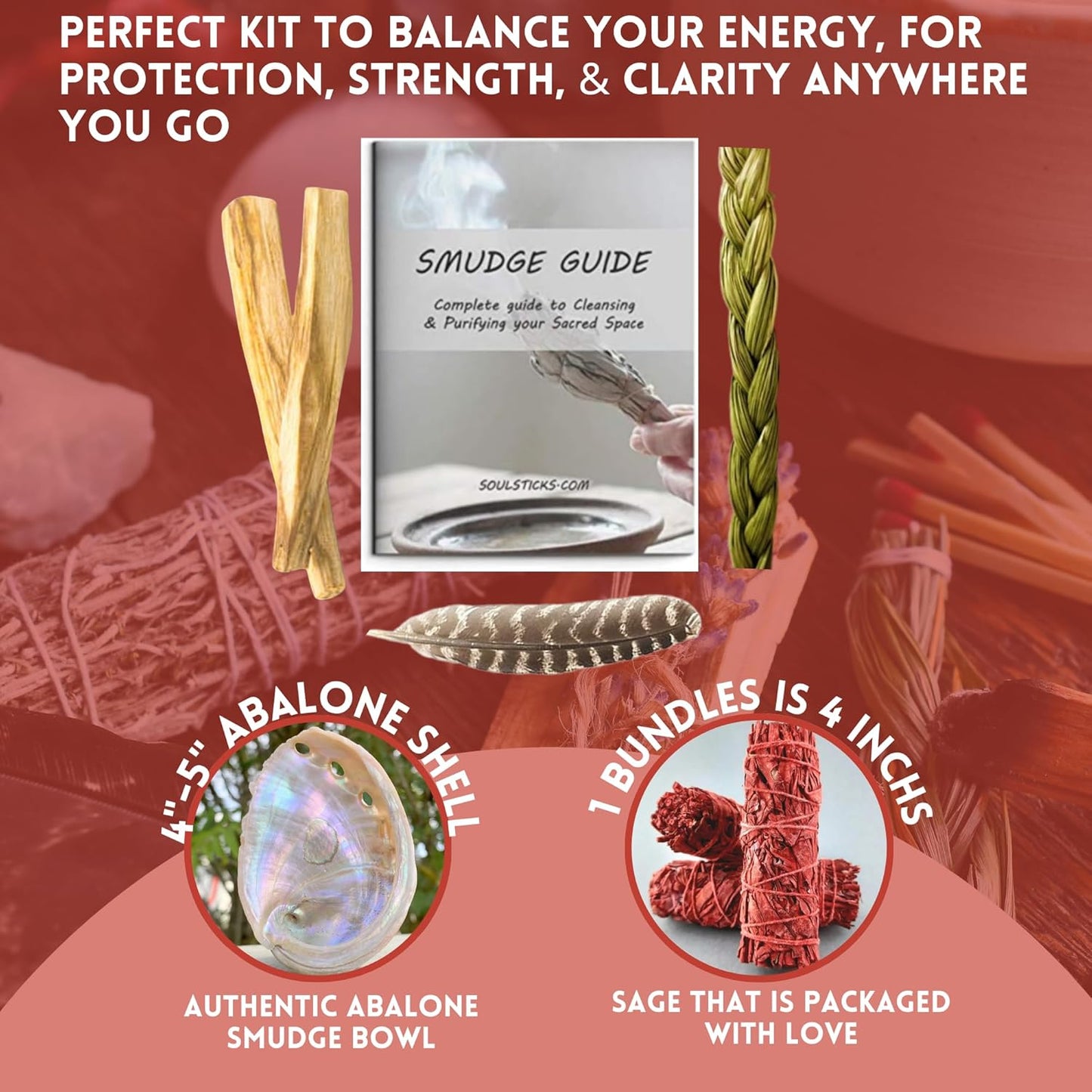 Ancient VEDA Organic Smudge Kit – Yerba Santa, Palo Santo, Sweetgrass Braid, Feather & Smudge Guide | Home Cleansing Kit for Meditation, Yoga, Energy Healing & Gift (Starter Kit, Yerba Santa Sage)