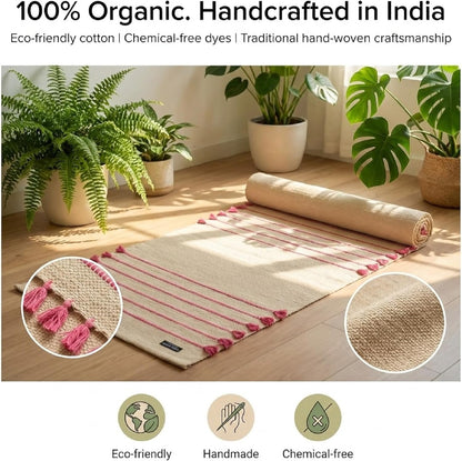Indian Handmade100 % Organic Anti Skid Multi Colour Cotton Yoga Mat - Eco-Friendly Hand-Woven Rug - Non-Slip & Thick (24”x72”x5mm) for Hot yoga & Everyday Fitness at Home - Comfortable & Foldable Extra-Long Mat