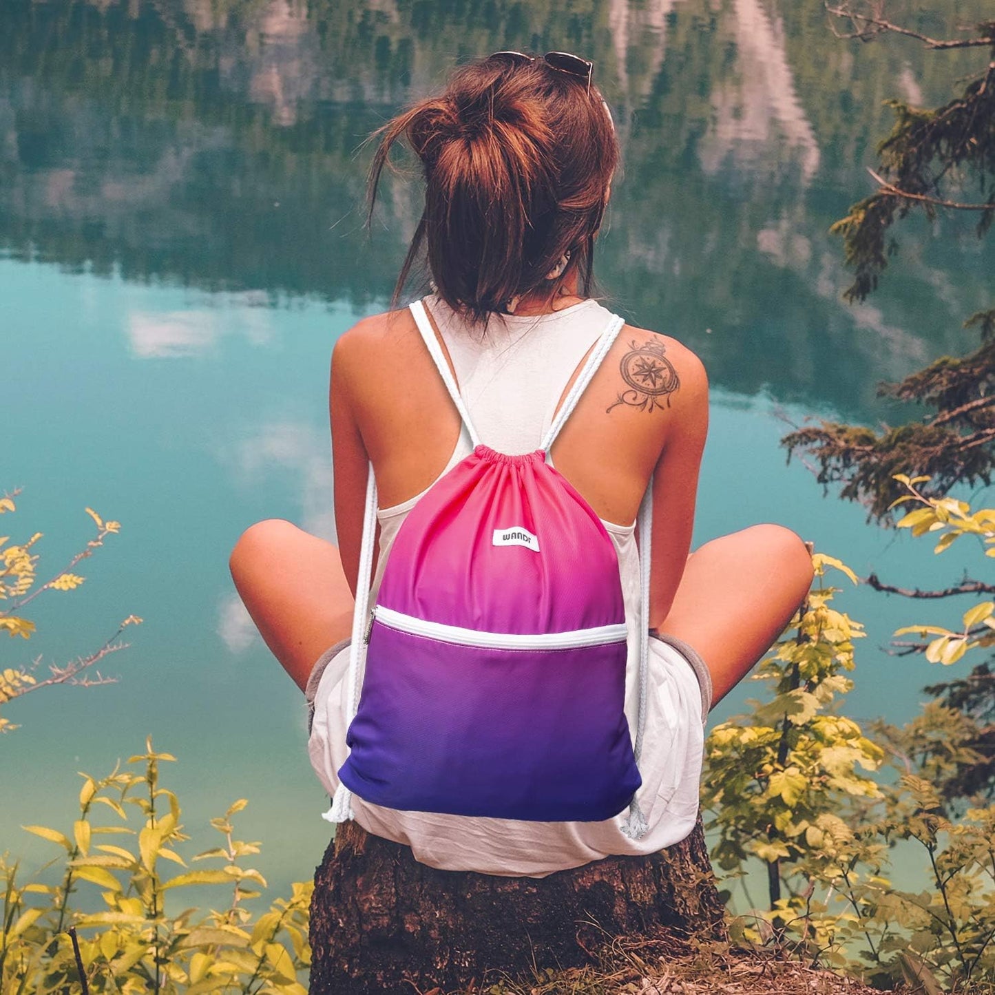 WANDF Drawstring Backpack String Bag Sackpack Cinch Water Resistant Nylon for Gym Shopping Sport Yoga (Black)