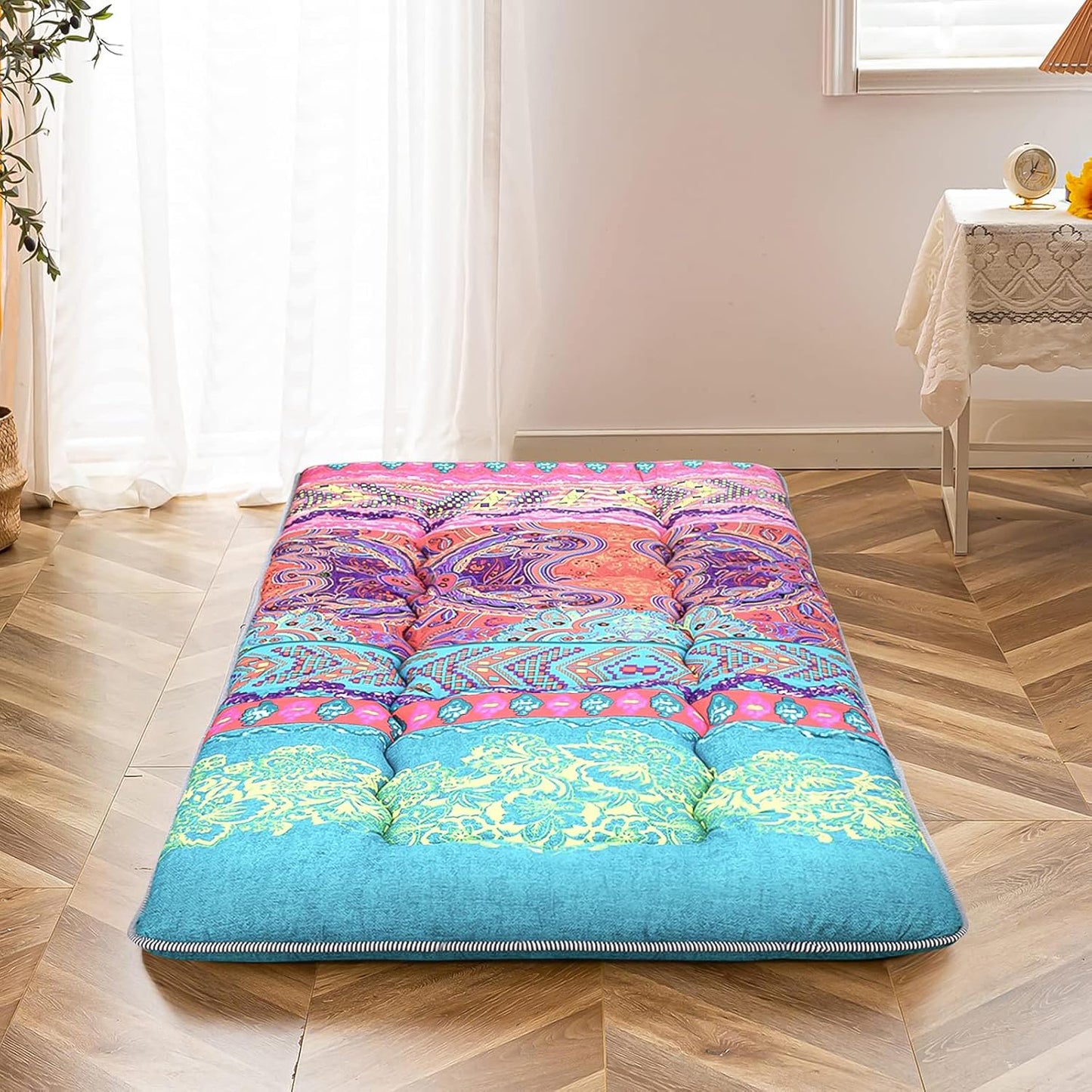 MAXYOYO Bohemian Retro Mattress Boho Floral Japanese Futon Mattress Tatami Floor Mat Foldable Portable Camping, Sleeping Pad, Lounger Couch Bed Full Size