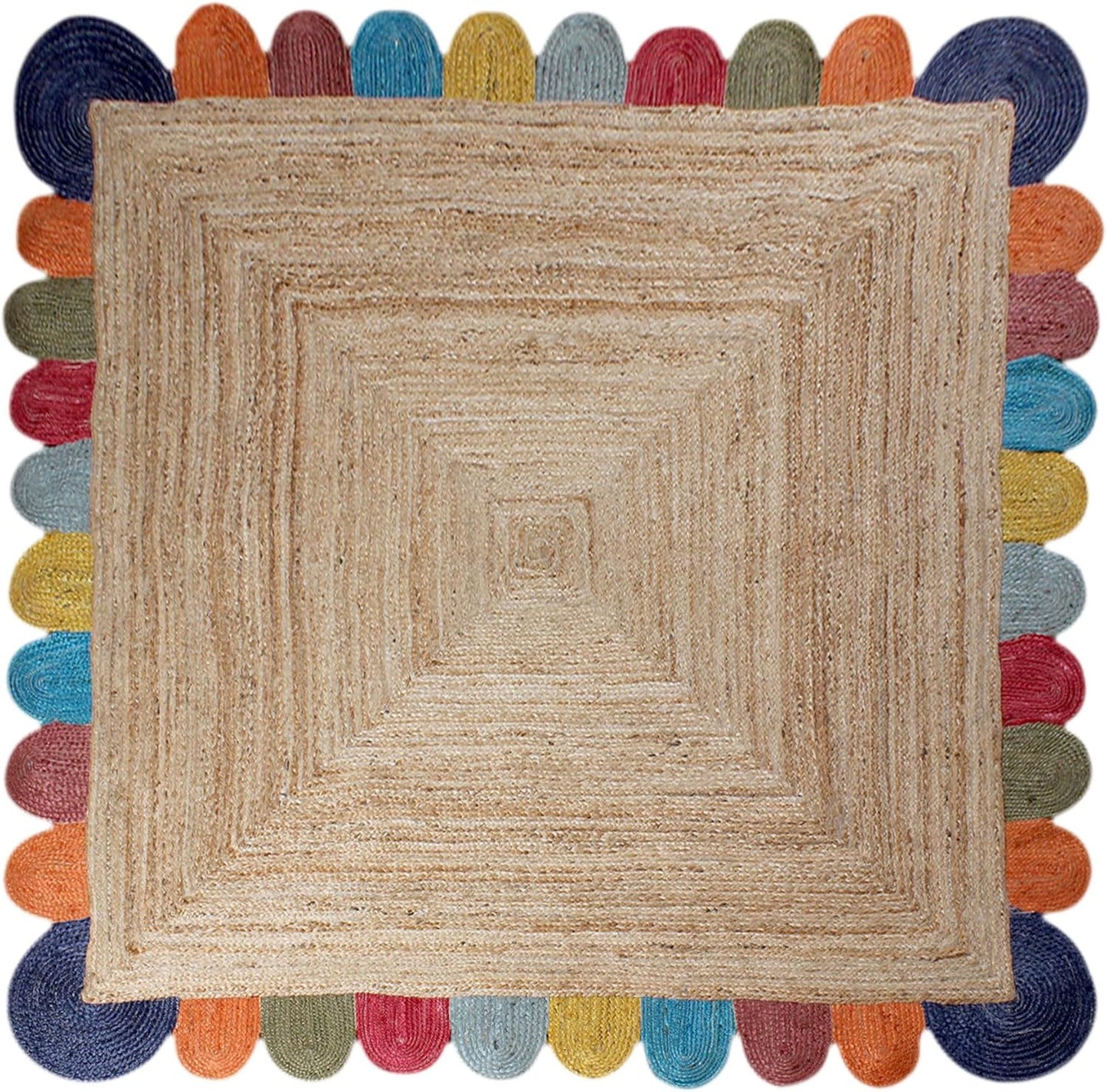 Scalloped Edge Kilim Rug 3' Square Rug Beige & Multicolor Cape Cod Design Carpet Thick 0.27 inches Hand Braided Jute Flatweave Indoor Outdoor Use Rugs for Bedroom, Kitche, Yoga Mat