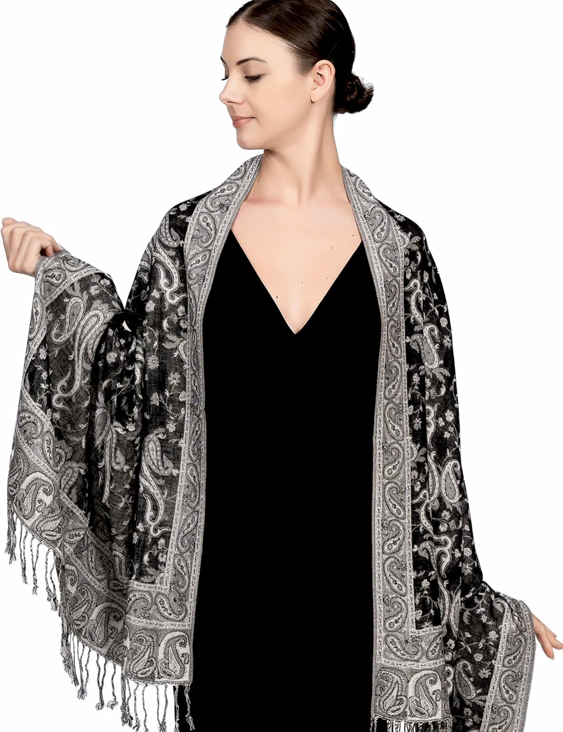 Achillea Reversible Paisley Pashmina Rave Scarf – Exotic Indian Shawls and Wraps for Evening Dresses, Festivals, All Seasons - Colors B