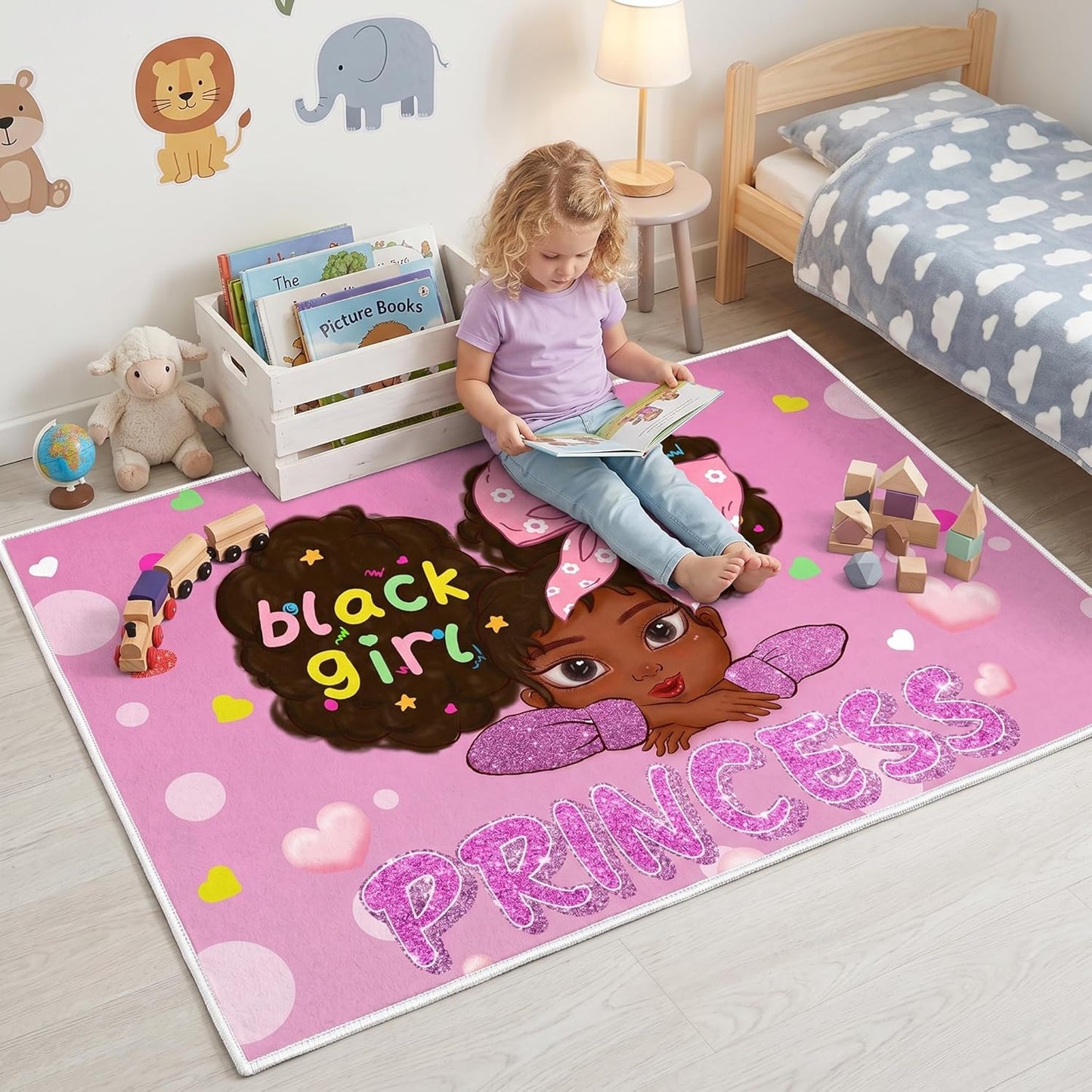 Black Girl Area Rug for Bedroom African American Rugs for Room Princess Carpet Kids Rugs for Bedroom African Girls Carpet for Living Room Teen Girls Yoga Mats, Pink, 4'×5'